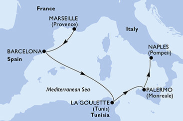 Francúzsko, Španielsko, Tunisko, Taliansko z Marseille na lodi MSC Meraviglia