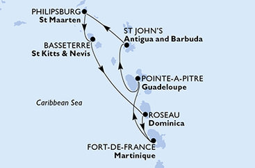 Martinik, Guadeloupe, Antigua a Barbuda, Svatý Martin, Svätý Krištof a Nevis, Dominika z Fort de France na lodi MSC World Europa