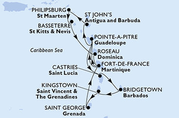Martinik, Guadeloupe, Antigua a Barbuda, Svatý Martin, Svätý Krištof a Nevis, Dominika, Svätá Lucia, Barbados, Svätý Vincent a Grenadiny, Grenada z Fort de France na lodi MSC World Europa