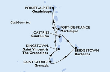 Guadeloupe, Svätá Lucia, Barbados, Grenada, Svätý Vincent a Grenadiny, Martinik z Pointe-à-Pitre na lodi MSC World Europa
