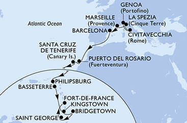 Taliansko, Francúzsko, Španielsko, Svatý Martin, Svätý Krištof a Nevis, Svätý Vincent a Grenadiny, Barbados, Grenada, Martinik z Janova na lodi MSC World Europa