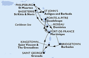 Barbados, Svätý Vincent a Grenadiny, Grenada, Martinik, Guadeloupe, Svatý Martin, Antigua a Barbuda, Svätý Krištof a Nevis, Dominika z Bridgetownu na lodi MSC World Europa