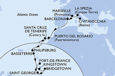 Taliansko, Francúzsko, Španielsko, Svatý Martin, Svätý Krištof a Nevis, Svätý Vincent a Grenadiny, Barbados, Grenada, Martinik z Civitavechie na lodi MSC World Europa