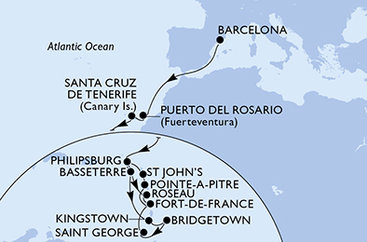 Španielsko, Svatý Martin, Svätý Krištof a Nevis, Svätý Vincent a Grenadiny, Barbados, Grenada, Martinik, Guadeloupe, Antigua a Barbuda, Dominika z Barcelony na lodi MSC World Europa