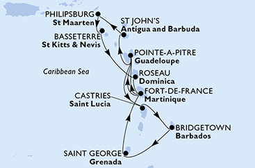 Barbados, Grenada, Martinik, Guadeloupe, Antigua a Barbuda, Svatý Martin, Svätý Krištof a Nevis, Dominika, Svätá Lucia z Bridgetownu na lodi MSC World Europa