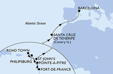 Martinik, Guadeloupe, Svatý Martin, Britské Panenské ostrovy, Antigua a Barbuda, Španielsko z Fort de France na lodi MSC World Europa