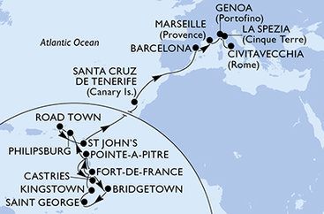 Martinik, Guadeloupe, Svätá Lucia, Barbados, Grenada, Svätý Vincent a Grenadiny, Svatý Martin, Britské Panenské ostrovy, Antigua a Barbuda, Španielsko, Francúzsko, Taliansko z Fort de France na lodi MSC World Europa