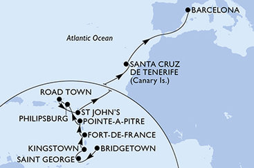 Barbados, Grenada, Svätý Vincent a Grenadiny, Martinik, Guadeloupe, Svatý Martin, Britské Panenské ostrovy, Antigua a Barbuda, Španielsko z Bridgetownu na lodi MSC World Europa