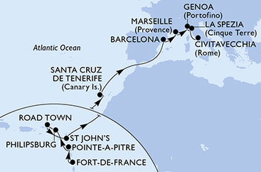 Martinik, Guadeloupe, Svatý Martin, Britské Panenské ostrovy, Antigua a Barbuda, Španielsko, Francúzsko, Taliansko z Fort de France na lodi MSC World Europa