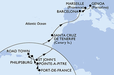 Martinik, Guadeloupe, Svatý Martin, Britské Panenské ostrovy, Antigua a Barbuda, Španielsko, Francúzsko, Taliansko z Fort de France na lodi MSC World Europa