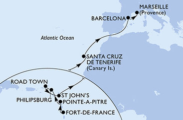 Martinik, Guadeloupe, Svatý Martin, Britské Panenské ostrovy, Antigua a Barbuda, Španielsko, Francúzsko z Fort de France na lodi MSC World Europa