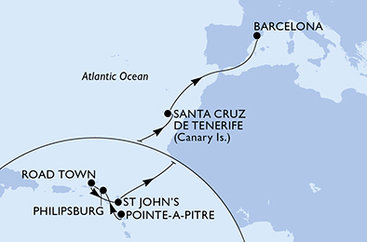 Guadeloupe, Svatý Martin, Britské Panenské ostrovy, Antigua a Barbuda, Španielsko z Pointe-à-Pitre na lodi MSC World Europa