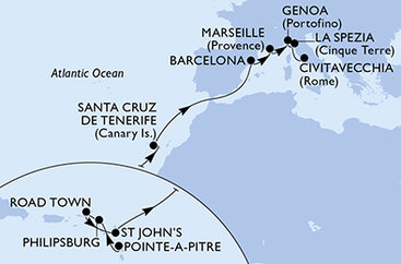 Guadeloupe, Svatý Martin, Britské Panenské ostrovy, Antigua a Barbuda, Španielsko, Francúzsko, Taliansko z Pointe-à-Pitre na lodi MSC World Europa