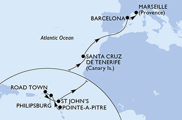 Guadeloupe, Svatý Martin, Britské Panenské ostrovy, Antigua a Barbuda, Španielsko, Francúzsko z Pointe-à-Pitre na lodi MSC World Europa