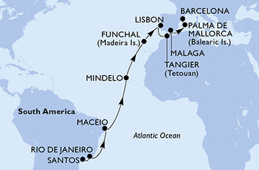 Brazília, Kapverdy, Portugalsko, Maroko, Španielsko zo Santosu na lodi MSC Seaview