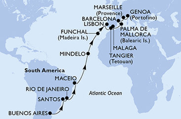 Argentína, Brazília, Kapverdy, Portugalsko, Maroko, Španielsko, Francúzsko, Taliansko z Buenos Aires na lodi MSC Seaview