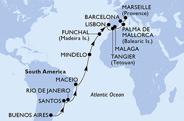 Argentína, Brazília, Kapverdy, Portugalsko, Maroko, Španielsko, Francúzsko z Buenos Aires na lodi MSC Seaview
