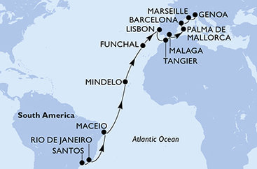 Brazília, Kapverdy, Portugalsko, Maroko, Španielsko, Francúzsko, Taliansko zo Santosu na lodi MSC Seaview