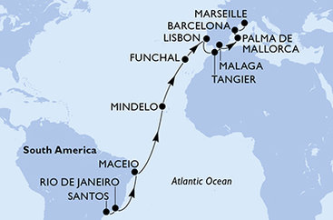 Brazília, Kapverdy, Portugalsko, Maroko, Španielsko, Francúzsko zo Santosu na lodi MSC Seaview