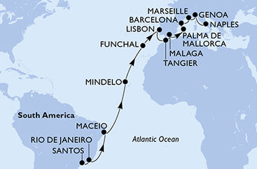 Brazília, Kapverdy, Portugalsko, Maroko, Španielsko, Francúzsko, Taliansko zo Santosu na lodi MSC Seaview