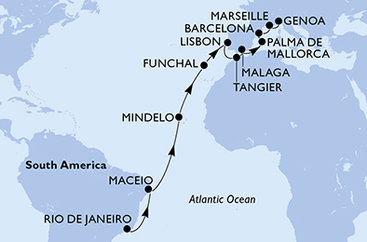 Brazília, Kapverdy, Portugalsko, Maroko, Španielsko, Francúzsko, Taliansko z Rio de Janeira na lodi MSC Seaview