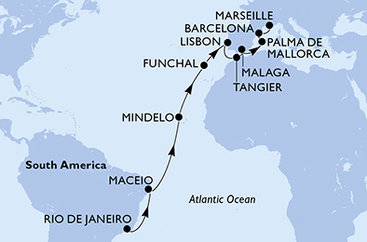 Brazília, Kapverdy, Portugalsko, Maroko, Španielsko, Francúzsko z Rio de Janeira na lodi MSC Seaview