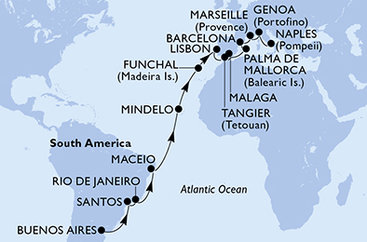Argentína, Brazília, Kapverdy, Portugalsko, Maroko, Španielsko, Francúzsko, Taliansko z Buenos Aires na lodi MSC Seaview