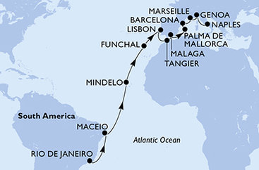 Brazília, Kapverdy, Portugalsko, Maroko, Španielsko, Francúzsko, Taliansko z Rio de Janeira na lodi MSC Seaview