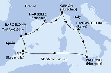 Španielsko, Francúzsko, Taliansko, Tarragona z Barcelony na lodi MSC Seaview