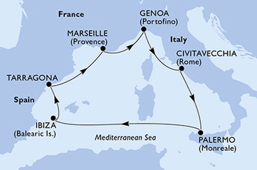 Francúzsko, Taliansko, Španielsko, Tarragona z Marseille na lodi MSC Seaview