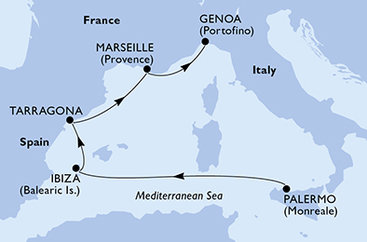 Taliansko, Španielsko, Tarragona, Francúzsko z Palerma na lodi MSC Seaview