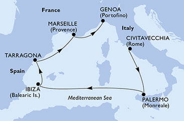 Taliansko, Španielsko, Tarragona, Francúzsko z Civitavechie na lodi MSC Seaview