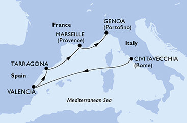 Taliansko, Španielsko, Tarragona, Francúzsko z Civitavechie na lodi MSC Sinfonia
