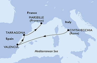 Taliansko, Španielsko, Tarragona, Francúzsko z Civitavechie na lodi MSC Sinfonia