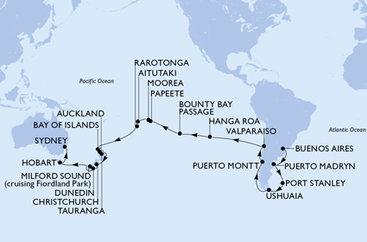 Argentína, Zámořské území Velké Británie, Chile, Francouzská Polynésie, Cookovy ostrovy, Nový Zéland, Austrália z Buenos Aires na lodi MSC Magnifica