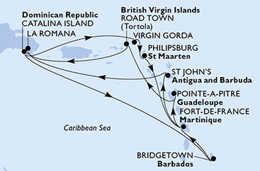 Dominikánska republika, Veľká Británia, Svatý Martin, Martinik, Antigua a Barbuda, Barbados, Guadeloupe, Britské Panenské ostrovy z La Romany na lodi MSC Opera