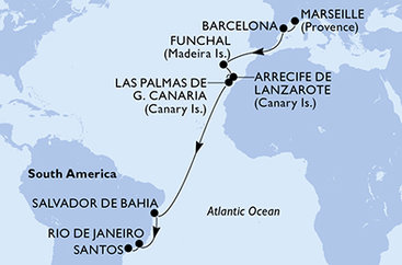 Francúzsko, Španielsko, Portugalsko, Brazília z Marseille na lodi MSC Virtuosa