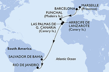 Francúzsko, Španielsko, Portugalsko, Brazília z Marseille na lodi MSC Virtuosa