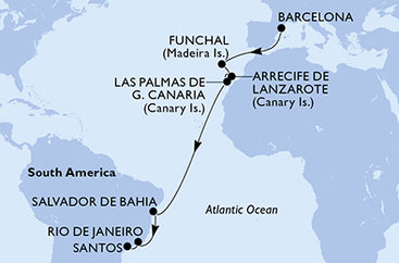 Španielsko, Portugalsko, Brazília z Barcelony na lodi MSC Virtuosa