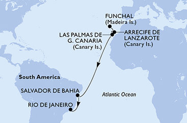 Portugalsko, z Lanzarote, Španielsko, Brazília z Funchalu na lodi MSC Virtuosa