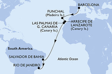 Španielsko, Portugalsko, Brazília z Barcelony na lodi MSC Virtuosa