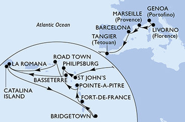 Taliansko, Francúzsko, Španielsko, Maroko, Antigua a Barbuda, Svatý Martin, Svätý Krištof a Nevis, Dominikánska republika, Barbados, Martinik, Guadeloupe, Britské Panenské ostrovy z Janova na lodi MSC Opera