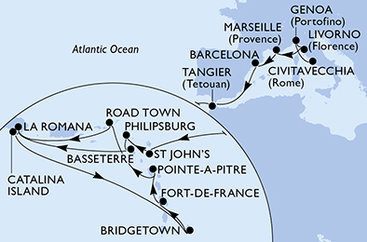 Taliansko, Francúzsko, Španielsko, Maroko, Antigua a Barbuda, Svatý Martin, Svätý Krištof a Nevis, Dominikánska republika, Barbados, Martinik, Guadeloupe, Britské Panenské ostrovy z Civitavechie na lodi MSC Opera