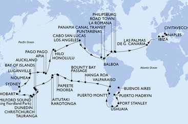 Argentína, Zámořské území Velké Británie, Chile, Francouzská Polynésie, Cookovy ostrovy, Nový Zéland, Austrália, Nová Kaledonie, Vanuatu, Samoa, Americká Samoa, USA, Mexiko, Kostarika, , Panama, Dominikánska republika, Britské Panenské ostrovy, Svatý Martin, Španielsko, Taliansko z Buenos Aires na lodi MSC Magnifica