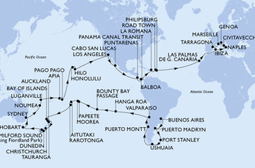 Argentína, Zámořské území Velké Británie, Chile, Francouzská Polynésie, Cookovy ostrovy, Nový Zéland, Austrália, Nová Kaledonie, Vanuatu, Samoa, Americká Samoa, USA, Mexiko, Kostarika, , Panama, Dominikánska republika, Britské Panenské ostrovy, Svatý Martin, Španielsko, Taliansko, Francúzsko, Tarragona z Buenos Aires na lodi MSC Magnifica