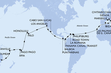 Austrália, Nová Kaledonie, Vanuatu, Samoa, Americká Samoa, USA, Mexiko, Kostarika, , Panama, Dominikánska republika, Britské Panenské ostrovy, Svatý Martin, Španielsko, Taliansko, Francúzsko ze Sydney na lodi MSC Magnifica