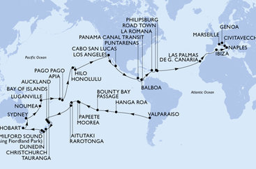Chile, Zámořské území Velké Británie, Francouzská Polynésie, Cookovy ostrovy, Nový Zéland, Austrália, Nová Kaledonie, Vanuatu, Samoa, Americká Samoa, USA, Mexiko, Kostarika, , Panama, Dominikánska republika, Britské Panenské ostrovy, Svatý Martin, Španielsko, Taliansko, Francúzsko z Valparaisa na lodi MSC Magnifica
