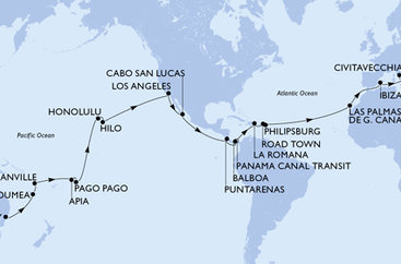 Austrália, Nová Kaledonie, Vanuatu, Samoa, Americká Samoa, USA, Mexiko, Kostarika, , Panama, Dominikánska republika, Britské Panenské ostrovy, Svatý Martin, Španielsko, Taliansko ze Sydney na lodi MSC Magnifica