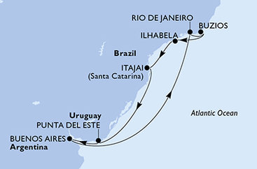 Argentína, Brazília, Uruguaj z Buenos Aires na lodi MSC Splendida