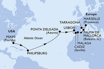USA, Svatý Martin, Portugalsko, Španielsko, Francúzsko, Tarragona z Miami na lodi MSC Meraviglia
